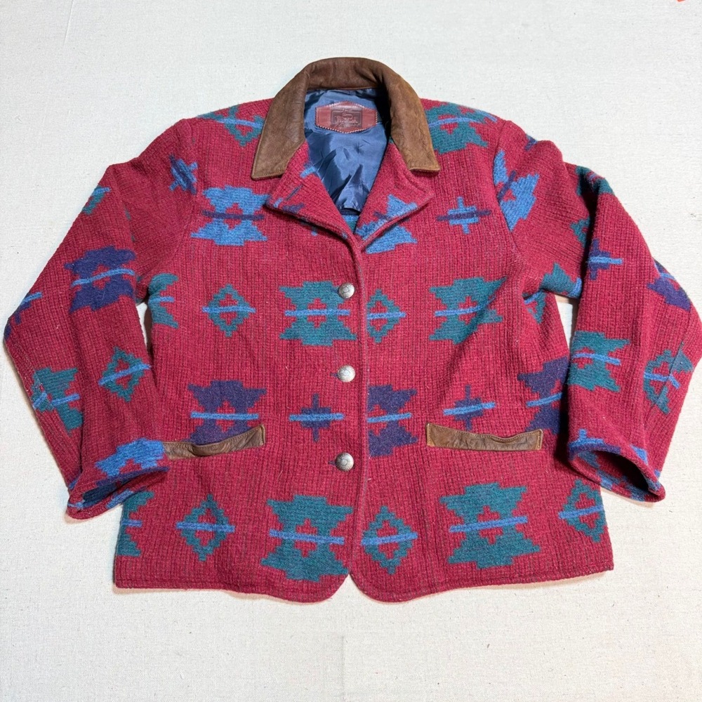 Woolrich Woman Jacket L Southwestern Aztec Wool Blend Leather Trim Red Vintage